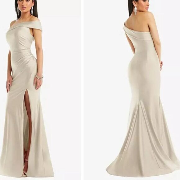 NWT, Cynthia & Sahar XL Luz, One-Shoulder Stretch Satin Mermaid Dress, Champagne - Picture 4 of 13